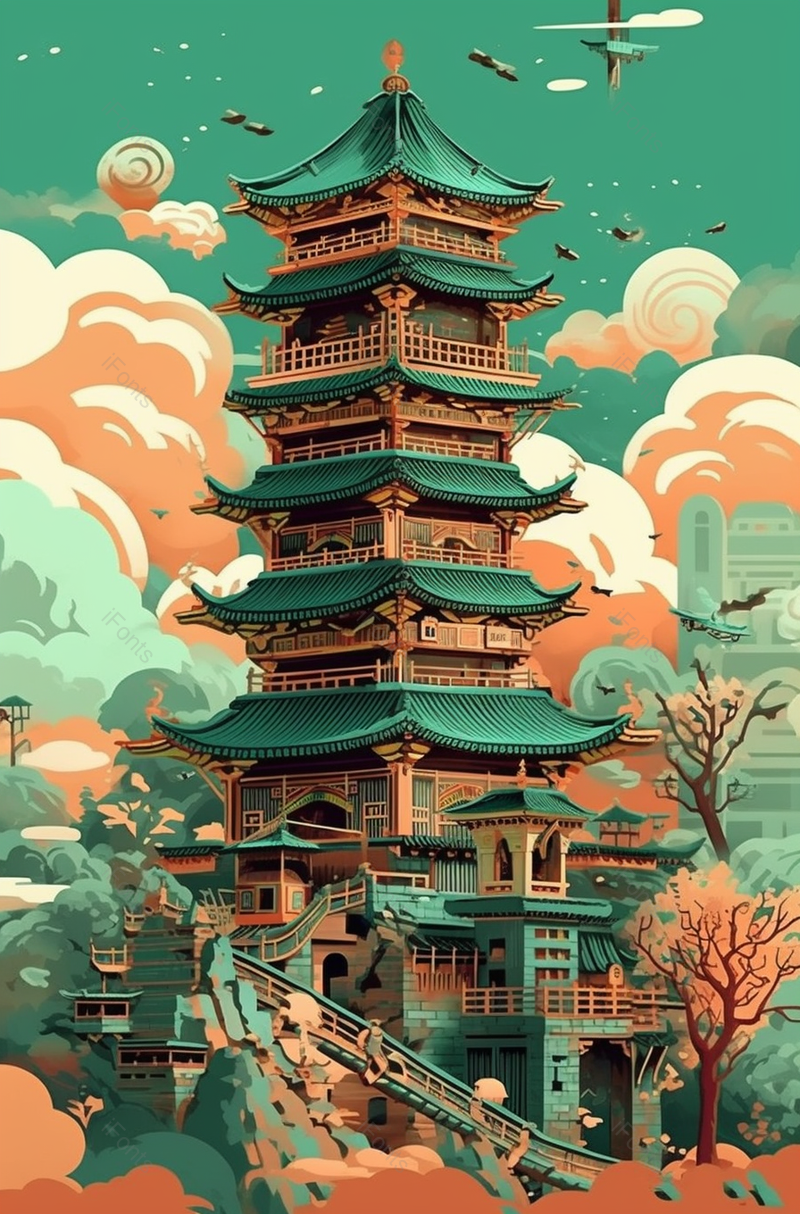 远观阁楼手绘绿色渐变国潮风青山故宫远山仙鹤祥云,插画/手绘图,插画/手绘图库,插画/手绘图下载,插画/手绘